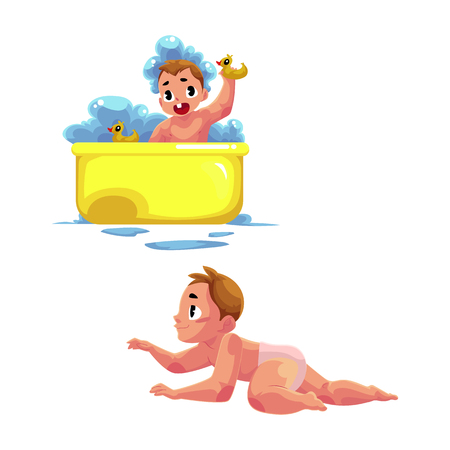 Cute little baby kid, infant, child taking foam bath, crawling around, cartoon vector illustration isolated on white background. Little caucasian kid, baby, infant activities, washing, crawlingのイラスト素材