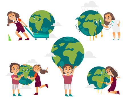 Kids, boys and girls, hugging, holding, playing with the Globe, Earth planet, cartoon vector illustration isolated on white background. Kids, children and the Globe, Save the Earth conceptのイラスト素材