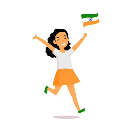 Teenage Indian girl running happily with little tricolor Indian flag, simple cartoon vector illustration isolated on white background. Indian girl running with national tricolor flagのイラスト素材