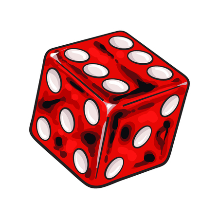 Realistic hand drawing of single shiny red dice, sketch style vector illustration isolated on white background. Hand drawn shiny dice, casino, gambling attributeのイラスト素材