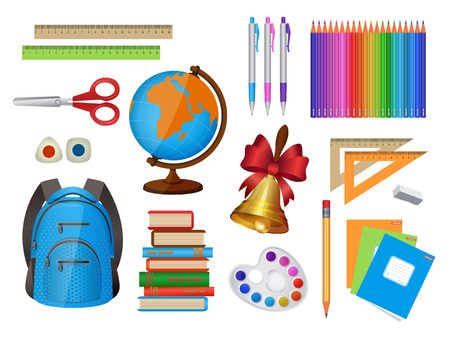 Set of school items - backpack, pen, pencil, ruler, globe, books, notebooks and many others, cartoon vector illustration isolated on white background. Set of isolated cartoon school itemsのイラスト素材