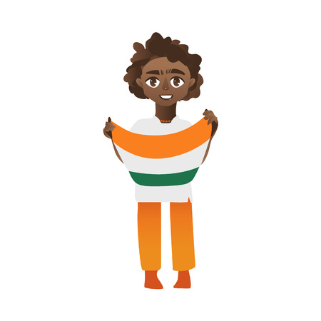 Indian boy, kid, teenager holding tricolor Indian flag in handsのイラスト素材