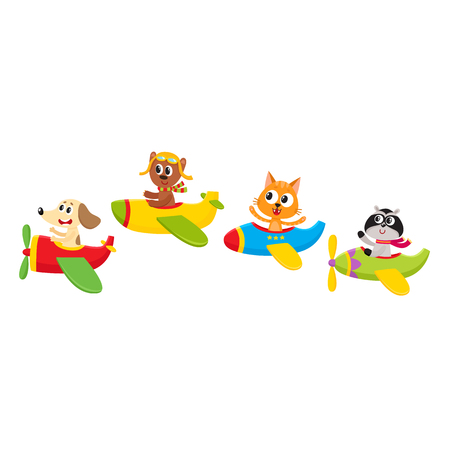 Cute little bear, dog, cat, accoon animals flying on airplanes, cartoon vector illustration isolated on a white background. Little baby animal characters flying on airplanesのイラスト素材