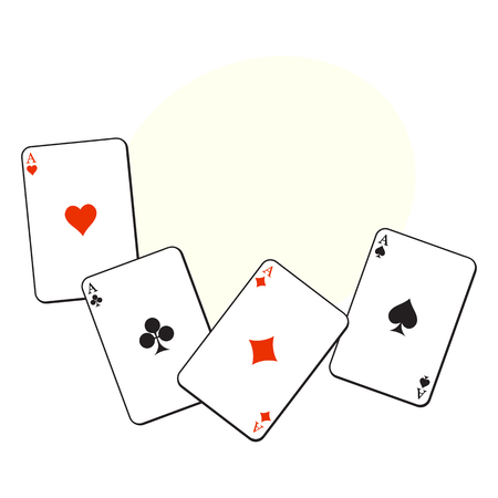 Set of hearts, spades, clubs and diamonds ace playing cards, sketch vector illustration with space...