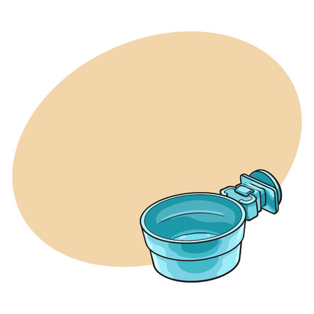 Attachable plastic pet, cat, dog bowl for kennels and crates, sketch style vector illustration with space for text. Hand drawn plastic bowl for feeding pets, cat dogs with attachment bracketのイラスト素材