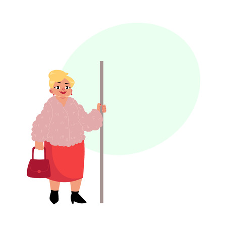 Plump middle age woman, housewife with purse standing in subway, holding handrail, cartoon vector illustration with space for text. Full length portrait of funny plump, obese woman in subwayのイラスト素材