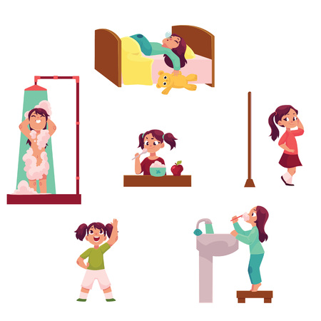 Daily morning routine, little girl sleeping, taking shower, eating, dressing, doing exercises, brushing teeth, cartoon vector illustration isolated on white background. Daily morning routine setのイラスト素材