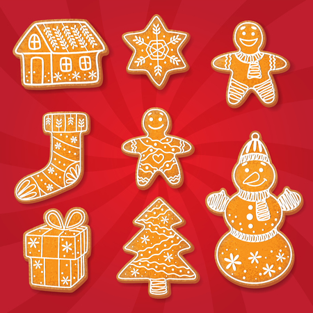 Gingerbread cookies set vector isolated illustration on a red background. New year baked cartoon sweet cake gingerbread man, snowman spruce tree, house snowflake stocking gift packagingのイラスト素材