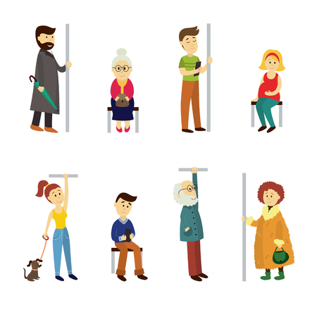 Set of people sitting and standing in subway train, cartoon vector illustration isolated on white background. Full length portrait of people, men and women, sitting and standing in subway, undergroundのイラスト素材
