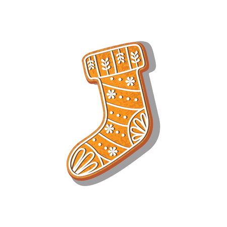 Gingerbread christmas stocking cookie vector isolated illustration on a white background. New year baked candy cartoon sweet cake. Traditional winter holiday home treatのイラスト素材