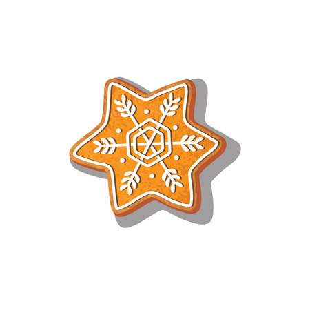 Gingerbread snowflake cookie vector isolated illustration on a white background. New year baked cartoon sweet cake man. Traditional winter holiday home treatのイラスト素材