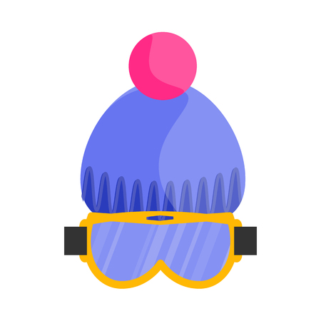 Skiing, snowboarding mask, goggles, eyewear and knitted beanie hat, flat vector illustration isolated on white background. Flat vector skiing, snowboarding beanie hat with pompon and mask, gogglesのイラスト素材