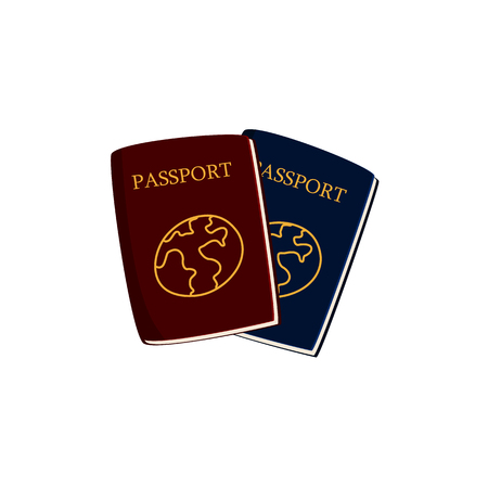 Two cartoon passports, travel documents, vector illustration isolated on white background. Couple of cartoon passports, red and blue, with golden globes on coverのイラスト素材