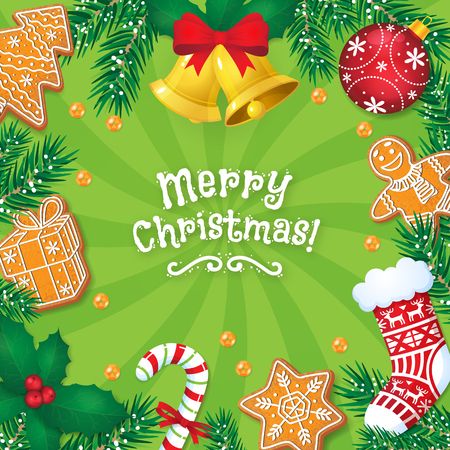 Merry Christmas greeting card, postcard, banner design with gingerbread cookies, bells, candy cane, cartoon vector illustration. Christmas banner, card design with Xmas decoration elementsのイラスト素材