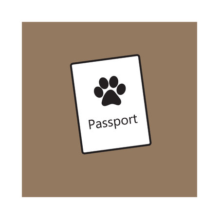 Pet passport, formal document, certificate for dog, cat, transportation, sketch vector illustration isolated on brown background. Pet passport as small booklet with print on coverの写真素材