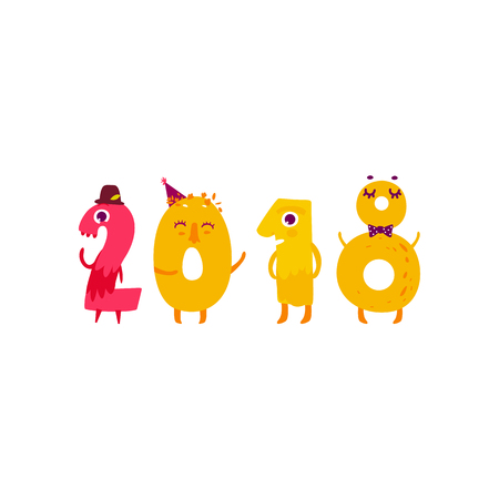 Vector cute animallike character number 2018. Flat cartoon illustration on a white background. Happy birthday, new year decorative numbers. Funny smiling colored math, education symbolsのイラスト素材