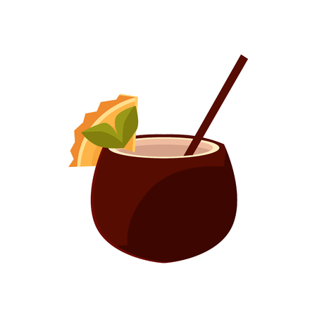 Cocktail, soft drink with straw in coconut shell, cartoon vector illustration isolated on white background. Cartoon coconut drink decorated with cocktail straw and orange sliceのイラスト素材
