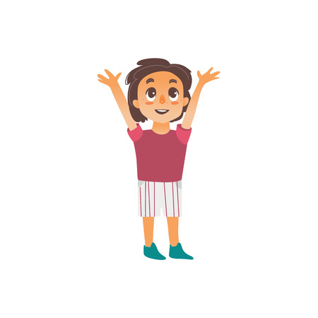 Vector flat cartoon boy pulls his hands up to the sun isolated illustration on a white background. Smiley child, kid icon image.のイラスト素材