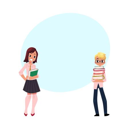 Three students, pupils, school kids standing together, holding books, cartoon vector illustration isolated on white background with speech bubbleのイラスト素材