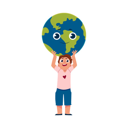 Kid, little boy holding cute Globe, Earth planet character over head, cartoon vector illustration isolated on white background. Boy, kids holding cartoon Globe in hands, Save the Earth conceptのイラスト素材