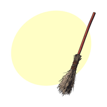 Single old twig broom, broomstick, traditional Halloween symbol, sketch style vector illustration with space for text. Hand drawn, sketch style witch broom, broomstick, Halloween objectのイラスト素材