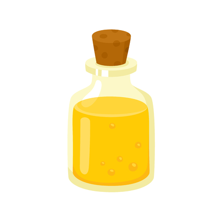 Massage oil in glass bottle closed with cork, spa salon accessory, cartoon vector illustration on white background. Massage, essential oil in beautiful bottle for spa and aromatherapyのイラスト素材