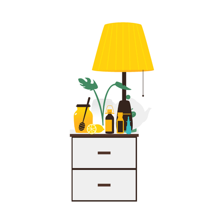 Bedside table with flu medicine bottles, lamp, honey, lemon standing on it, flat vector illustration isolated on white background. Bedside table with flu medicine bottles, lamp, vase, honey lemon teaのイラスト素材