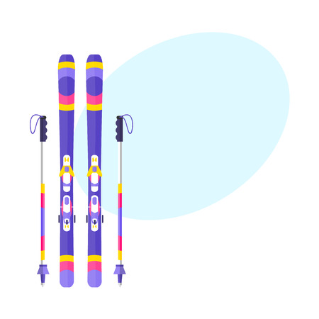 Pairs of skis and sticks, poles, flat style vector illustration with space for text. Flat vector ski and ski poles, colorful illustrationのイラスト素材