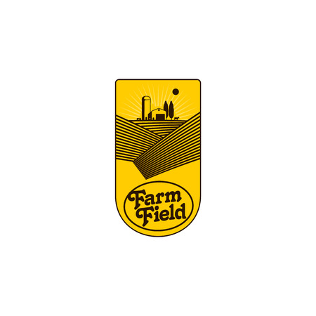 Vertical farm logo, badge, label with field, tractor, house and water tower over raising sun background, vector illustration. Two color vertical logo, badge, label design with farm house and fieldsのイラスト素材