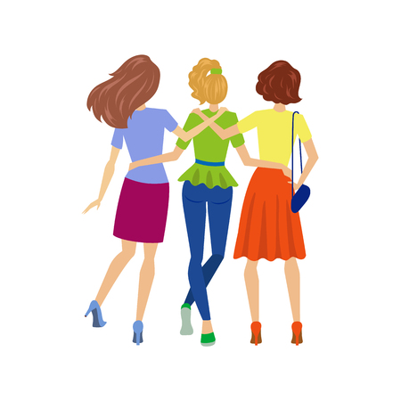 vector young girls hugging happily back view. Flat cartoon illustration isolated on a white background. Young woman in party clothing , in high heels having funのイラスト素材