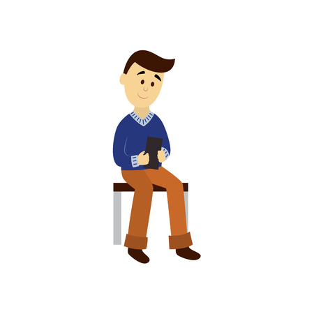 vector adult man in warm pullover reads the book sitting on public transport bench. Flat cartoon illustration isolated on a white background. Bus subway underground transport characters concept designのイラスト素材