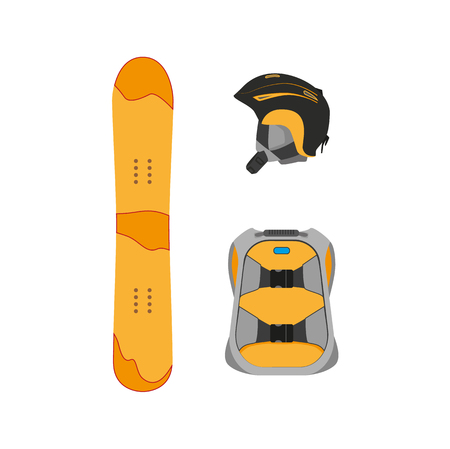 vector snowboarding helmet, backpack, snowboard deck flat icon. Isolated illustration on a white background. Snowboard, ski winter activity equipment, tools object design.のイラスト素材