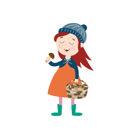 vector girl child wearing coat, knitted hat rubber boots keeping basket in her hand collecting mushrooms. cartoon isolated illustration on a white background. Autumn activity kids conceptのイラスト素材