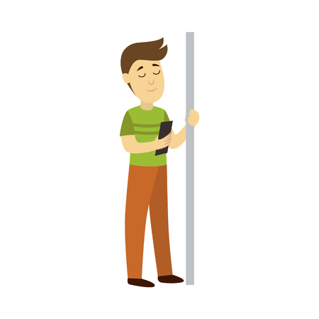 vector adult man reads the book staying in public transport and holding the handrail background. Bus subway underground transport characters concept designのイラスト素材