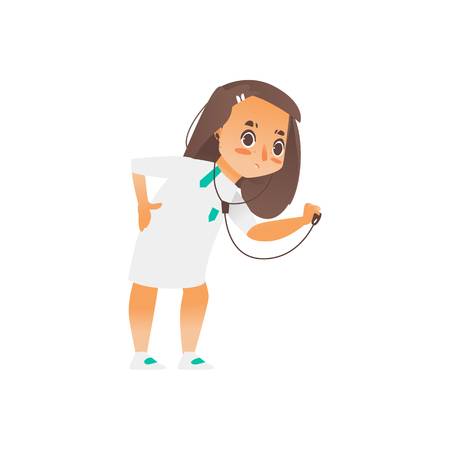 Vector flat cartoon girl doctor holding stethoscope examining somebodys lungs. Isolated illustration on a white background. Child, kid character in white medical gownのイラスト素材