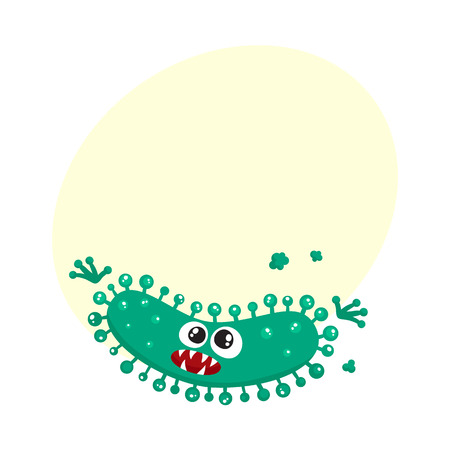 Ugly green virus, germ, bacteria character with human face, cartoon vector illustration with space for text. Scary bacteria, virus, germ monster with human face and sharp teethのイラスト素材