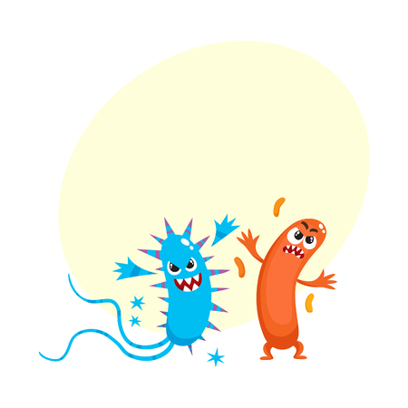 Couple of virus, germ, bacteria characters with human faces and sharp teeth, cartoon vector illustration with space for text. Scary bacteria, virus, germ monsters, pathogens, microorganismsのイラスト素材