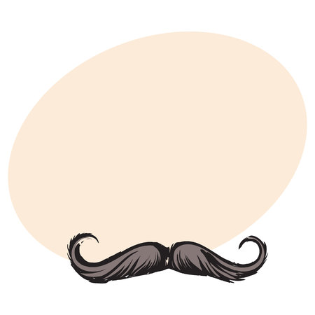 Human hipster curled up mustache, decoration element, sketch style vector illustration with space for text. Realistic isolated hand drawing of human hipster style mustacheのイラスト素材