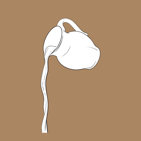 Drawing of liquid, drink pouring from transparent glass jar, sketch vector illustration isolated on brown background. Hand drawn glass jar with liquid pouring from itのイラスト素材