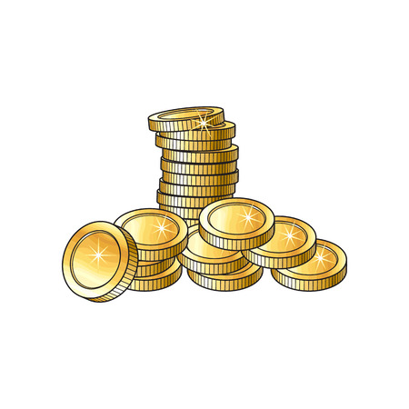 Stack and heap of shiny gold coins, sketch vector illustration isolated on white background. Realistic hand drawing of stack and heap of blank, unlabeled golden coins, investment money symbolのイラスト素材
