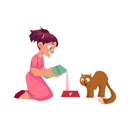 Little girl pouring milk into bowl and feeding her kitten.のイラスト素材