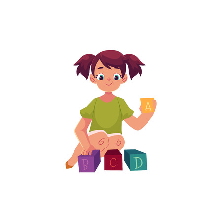 Little girl playing with toy alphabet.のイラスト素材