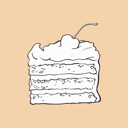 Black And White Hand Drawn Piece Of Classic Layered Cake With Vanilla Cream And Cherry Decoration Sketch Style Vector Illustration Isolated On Color Background Realistic Hand Drawing Of Sweet Cake Ù…ÙˆÙ‚Ø¹ ØªØµÙ…ÙŠÙ…ÙŠ