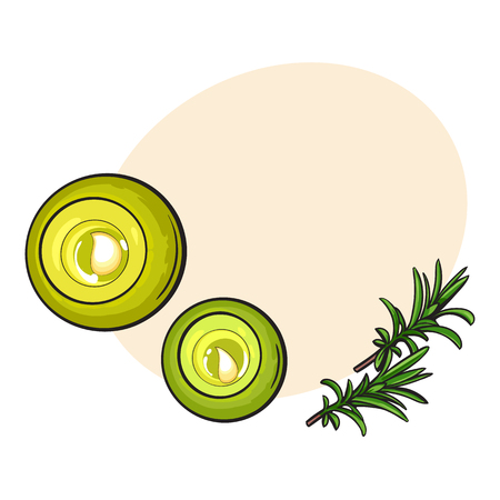 Top view set of round candles, spa salon accessories, sketch vector illustration with space for text.のイラスト素材