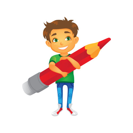 vector cartoon boy character keeps big pencil in hand smiling. Flat isolated illustration on a white background. Back to school conceptのイラスト素材