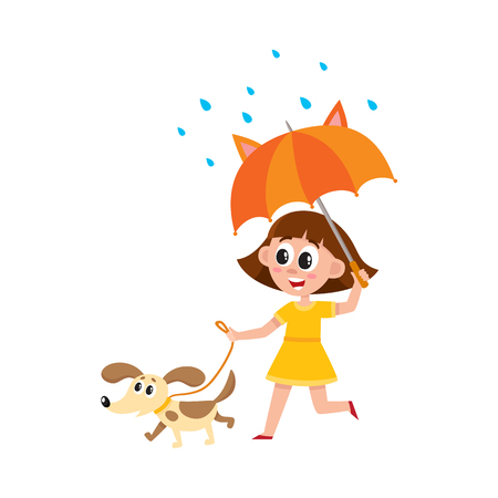 vector girl walks with her dog pet keeping umbrella in rain . Flat cartoon isolated illustration on a white background.のイラスト素材