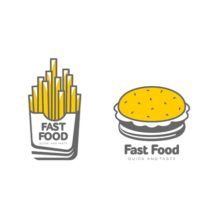 Vector potato fry, french fries on paper box sandwich burger icon set. Flat cartoon isolated illustration on a white background.のイラスト素材