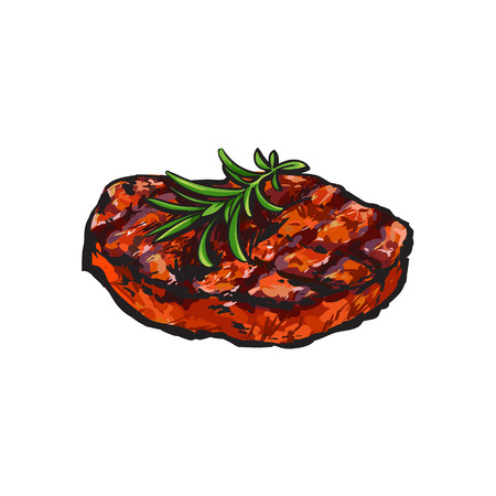 Grilled beef steak, beefsteak with rosemary, sketch style vector illustration on white background. Realistic hand drawing of grilled piece, cut of meet, beef steak served with rosemaryのイラスト素材