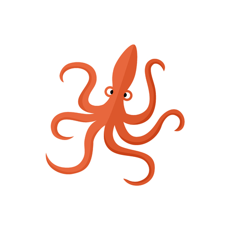 Funny red octopus, flat cartoon vector illustration isolated on white background. Simple funny, childish octopus, flat cartoon vector illustrationのイラスト素材