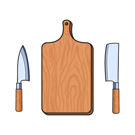 vector wooden sketch cartoon empty kitchen cutting board, meat butcher cleaver, carving knifes set. Isolated illustration on a white background. Kitchenware equipment utensil objects conceptのイラスト素材